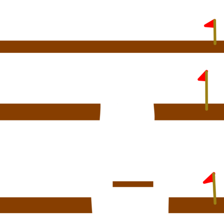 a drawing of three floors from a side view. The top level is just a solid brown rectangle from this perspective at the right side of the floor is a red flag on a gold pole. The middle floor is made of two brown rectangles in between them is a gap on the right side of the floor there is a red flag on the a gold pole. The bottoms floor is made of three brown rectangles there is a large gap between two of the rectangles in the middle of the gap slightly raised in another rectangle at the right side of the floor is a red flag on a gold pole